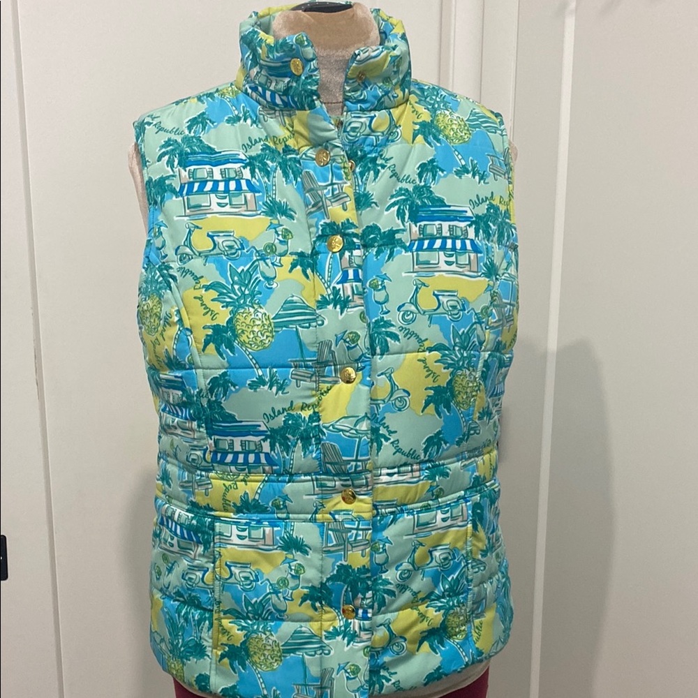 Island Republic Tropical Island Print Puffer Vest |Size Large